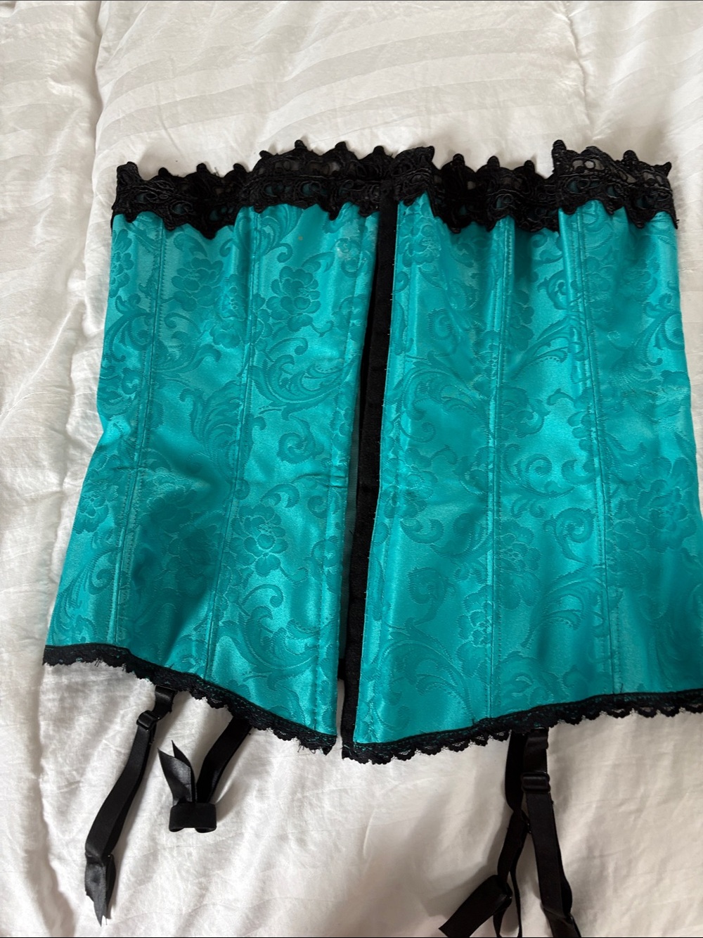 Teal Satin Brocade Corset with Black Lace Trim